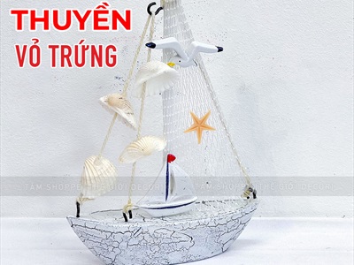 Mô hình thuyền mini buồm lưới nhiều vỏ ốc [Thủ công - Nhiều kiểu] THUYEN-05